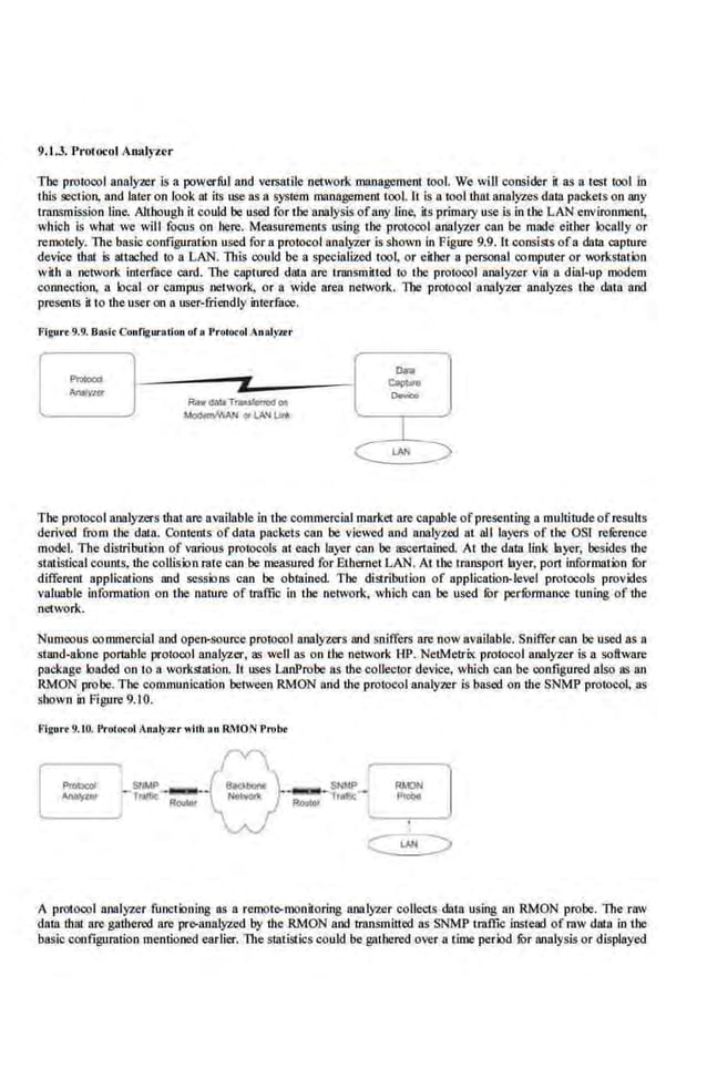 9.J.3. Protocol Analyur
Tbe protocol analyzer is a powerful and versatile network management tooL We wiU consider it as 8 test tool in
this section, and later on look Ill its use as 8 syst.em management tool. It is 8 tool thul8nalyzes duia packets on any
trnnSmission line. Although it could be used for tbe analysis ofany line, its primacy use is in the LAN environment,
whi.ch is what we will focus on here. Measurements using the protocol analyzer can be made either locally or
remotely. The bns.ic configuration used for a protoco.l analyzer is shown in Figure 9.9. It consists ofa data capture
device that is attached to a LAN. This could be a specialized too~ or either 8 personal computer or workstation
wHh a network interface card. The captured data are transmitted to the protocol analyzer via a dial-up modem
com1ection, a local or campus network, or a wide area netwo[k. 1be protocol analyL.er analyzes the data and
presents it to the user on a user·friendly interface.
l'igu•·•9.9. Basi• Configuralion of • Protocol Auolyar
on
Pftl<ocd C8pbte
AI>Jiyzfl' o-ce
R.wdilli'T-00
~IOOom.....AN «LA'I Unl.
I
~
The protocol analyzers thatare available in 'the commercial market are capable otpresenting a multitudeotresults
derived from tJIC data. Contents of data packets can be viewed and analyzed at all layers of the OS! refi:rence
model. The distribution of various protocols at each layer can be as<:ertained. AI the data link layer, besides the
statistical counts, t.be collision rate can be measu.red for Ethernet LAN. At the transport byer, port information fur
different applic.ations and sessions can be obtained. The distribution of application-level protocols provides
valuable infonnation on the nature of traffic in the network, which can be used fur performance tuning of the
network.
Numoous commercial and opel}osource protocol analyzers and sniffers are now avail.able. Sniffer can be used as a
stand-alone portable protocol analyzer, a~ well as on the network HP. NetMetrix protocol analyzer is a so.
ftware
package loaded on to a workstruion. II uses LanProbe as the collector device, which can be configured also as an
RMON probe.The communication between RMON and the protocol analyzer is based on the SNMJ> protocol, as
shown in Figure 9.10.
Figurt 9.10. Prococot Annlyur witb on RMON Probe
A protocol analyzer functioning as a remot&omon4oring analyLCr collects data using an RMON probe. The raw
data tlutl are gathered are pr&oanalyL.ed by the RMON and transmitted as SNMP traffic instead of raw data in tbe
basic co11figurat:ion mentioned earlier. The statistics could be gatbered over a time period fur analysis or displayed
 
