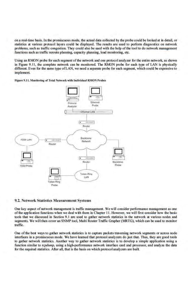 on a real-time basis.ln the pro~uous mode, the actual data coUected by the probecould be leoked at in detail, or
swtistics at various protocol layers could be displayed. llle results are used to perform diagnost-ics on network
problems, such as traffic congestion. They could also be used with the help ofthe tool to do network management
fimctions such as traffic rero1~e planning, capacity planning, load monitoring, etc.
Using an RMON probe fOr each segme.nt ofthe network and one protocol analyzer fOr the emire network; as shown
in Figure 9.11 , the complete network can be monitored. The RMON probe for each type of LAN is physically
different. Even for lbe same type ofLAN, we need a separate probe for each segment, which could be expensive to
implement.
Fignrr 9.11. Monitoring orTot~l Nrtwork wilh Individual RMO,'II'robu
~
PIOIOOOI Elnotrot
lliAiy<Of !>rot»
0 L ~hoOIOIW>I
9.2. Network Statistics Measun.•ment Systems
One key aspect ofnetwork management is traffic management. We will consider performance management as one
ofthe application functions when we deal with them in Chapter II. Howe~er, we will first consider how the basic
tools that we disCussed in Section 9. l are used to gather network statistics in the network at various nodes and
segments. We will then cover an SNMP too~ Multi RouterTrafficGrapher (MRTG), wltiob can be used to monit.or
traffic.
One ofthe best ways to gather network statistics is to capture packet.s traversing network segments or across node
interfaces in a promiscuous mode. We have learned that protocol analyzers do just IhaL Thus, they are good tools
to gather neh,~;~rk statiStics. Anot-her way to gather network stati.stics is to develop a simple application using a
fimction similar to t.cfl{iump, using a.high-performance network interface card and processor, and analy:re the dow
ror the required statistics. After all, that is the basis on which protocolanalyzers are built.
 