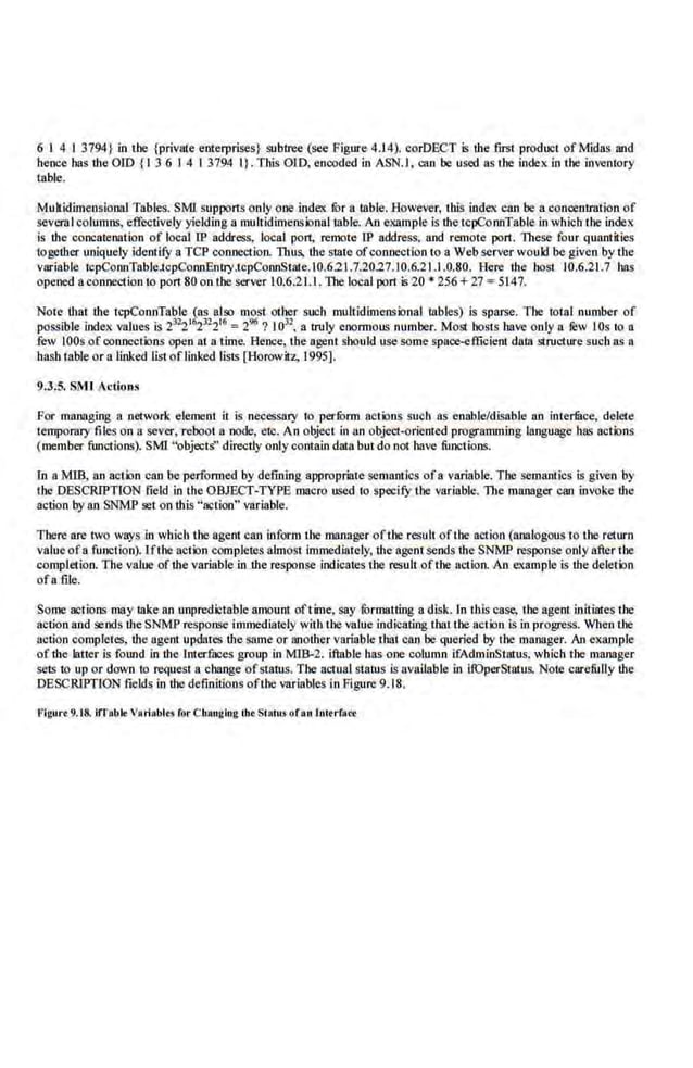 6 I 4 I 3794} in lbe {private enterprises} subtree (see Figure 4.14). corDECT s lhe first product of Midas and
hence has the OlD {I 3 6 I 4 I 3794 I}. This OLD, encoded in ASN.I, can be used aHbe index in t11e inventory
table.
Mu.llidimensiooal Tables. SMl supports only one index fur a ~able. However, this index can be a concentration of
seve.:al·columns, effectively yielding u mullidime.nsionallllble. An example is the tcpConnTable in which the indeC'C
is the concatenation of local 1P address, local port, remote 1P address, and remote port. These four quantities
togelhcr uniquely identify a TCP connection. Thus, fue slate ofconnectionto a Web server would be given by fue
variable tcpConnTable.tcpConn.Entry.tcpConnState.I0.621.7.2027.10.6.21.1.0.80. Here the host 10.6.21.7 bas
opened a connection to port 80 on the server 10.6.21.1. The local port 520 • 256 +27 = 5147.
Note tbat the rcpConnTab.
le (as also most other such multidimensional tables) is sparse. Tbe total number of
possible index value$ is 23
2;!1
"23
~16
= 296
? 1031
, a truly enormous number. Most hosts have only a row lOs to a
.few IOOs ot: connections open at a time, Hence, the agent should use some space-efficiem datn structure such as a
bash table or a linked list oflinked lists [Horowitz, 1995].
9.3.5. SM.I Actions
For mrinnging a network element it is necessary to perfurm actions such as enable/disable an interfuce, delete
temporary files on a sever, reboot a node, etc. An object in an ol:Jjec:t-oriented progr.anuning language bas actions
(01ember functions). SML ·•objects'· directly onlycontain data butdo not have fimctions.
In a MIB, an action can be performed by defining appropriate semantics ofa variable. Tile semant.ics is given by
the DESCRIPTlON field in the OBJECT-TYPE macro used to specifY the ~ariable. The manager Catl invoke the
action l:Jy an SNMP set on this "action" variable.
There are two way$ in which the agent can inform the manager ofthe result ofthe action (analogous to the return
value ofa function). lfl'he ac1ion completes almost immediately, the agent sends lheSNMP responseonly after the
completion. The value of lhe variable in lhe response indicates the result ofthe fiction. An example is lhe deletion
ofa file.
Some actions may lllk.ean unpredictable amount oftirne, say furmatting a disk. In ihis case, the agent:initiates ihe
action and sends lhe SNMP response immediately with the value indicating that tbe action is in progress. When lbe
action completes, the agent updates d1e same or another variable that can be queried l:Jy the manager. An example
of lhe latter is found in lhe l.nterfaccs group in MlB-2. iftable has one column ifAdminStatus, which the manager
sets to up or down to request a change ofstatus. The actual status is available in iJDpcrStatus. Note carefuUy lhe
DESCRIPTION fields in lhe definitions oftbe variables in Figure 9.18.
•·igur< 9.t8. IITnble V•rinbles for Cb•ngh1g lhc St•tu>oflin tncerr~cc
 