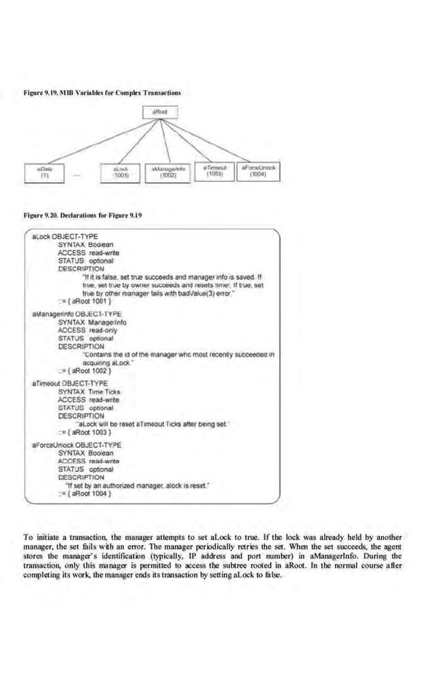 Figurt 9.19. ~tm Variables for ComJ!IU Tmns1W'tion>
F'lgur• 9.20. Dtdaratioru for F'lgur• 9.19
alockOBJECT-T'PE
SYNlA~ Bodeall
ACCESS read-wtie
STATUS opllonal
OESCRIPTIC»>
"IIrll$ false. SEt iiJe w;ceeds and m.aJ13gerInfo rs saved If
JIUe, setllw I:Tf 0'1<ref sua:eeds and l'e$etS lim~ If Jrue, :set
Jtue lrf ot11et manager failswith bad11ali.S(3)eiTor •
: {aRool1001 )
alAanage~nfo 08..'EC1-1 Y:PE
SYNTAX MaN!ge!fnfo
ACCESS read-only
STATUS opllon~l
OESCRIPlfON
·eonlJlns lhe 111 otllle managerwno mos1 recen~ 51lCCe«!eo tn
O«Jurnng illOd.•
~ {aRool 1002)
aTrmeout OBJECT-TYPE
SYNlAX Time Ti~s
ACCESS read-wrie
STATVS optional
OESCRfP110N
·alock wut be reset aTimeoutTrekS alief ~ng set·
:::raRoot , 003 l
aF«ceUn'ock OBJECT-TYPE
SYNTAX Boolean
ACCESS read-write
STATUS opllonal
DESCRIPTION
,, set by anauthonzed manager,aJod< isreset:
;:: {aRool1004}
To initiate 11 transaction, the manager t~ttempts to set aLock to true. [f the lock was already held by another
manager, Ibe set Jilils wilh an error. The manager periodically retries the set. When the set succeeds, the agent
stores the manager' s identification (typically, IP address and port number) in aMnnagerlnfo. During the
lrnJl$jlction, only this ma.nager is permilted to access the subtree rooted in aRool. to the normal course after
completing its work, tbe manl!ger ends its transaction by setting aLock 1
0 m lsi:.
 