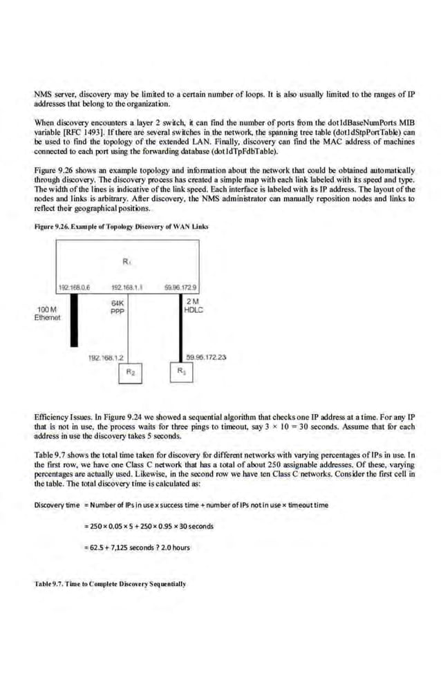 NMS server, discovery may be limited to a certain number of loops. It is also usually timited to the mages of lP
addresses tbat belong to theorganization.
When discovery encounters a loye.r 2 sw4ch, it can find the number of ports &om the dotldBaseNumPorts MIB
variable [RFC 1493]. lfthere are seveml switches in the network, the spanning l'ree uible (dotldStpPortTable) can
be used to find the topology of the extended LAN. Pilll!lly, discovery cnn find the MAC address of machines
connected to each port using the forwarding database (dotldTpFdbTable).
Figure 9.26 sbo''"s an example topology and information about the network tbat could be obtained automatically
through discovery. The diScovery prooess has created a ~imple map with·each link labeled with its speed and type.
The width ofthe lines is indicative ofthe link speed. Each interface is labeled with its lP address. The layout ofthe
nodes and links is arbih:8ry. Aller discovery. the NMS administmtor can manuaUy reposition nodes and links to
reflect their geographical positicms.
Agu..., 9.26. Examptt ofTopology Disrovtr)' of WAN Linla
t!I2.1E80.6 1!12.168.1 ' 511.96112.9
100M
EthErnet
64K
ppp
182.166.1.2
R
2M
HDI.C
59.56.172.23
Efficiency fssues.ln Figure 9.24 we showed a sequential algorithm that checks one IP address at a tim.e. Forany IP
that is not in use, the process waits for three pings to timeout, say 3 :x I0 = 30 seconds. Assume that for each
address in use the disCovery takes 5 seconds.
Table 9.7 shows the total time taken for discovery lOr different networks with varying percentages ofIPs in use. ln
the first row, we have one Class C network that has a total of nboui 250 a">Signable addresses. Of ·these, varying
percentages are actually used. Likewise, in the second row we have ten Class C networks. Consider too first cell in
the t.able. The total discovery time iscalculated as:
Discovery time =Number of IPs In usexsUtteSS time+ number ofIPs notin use • timeouttlme
~ 250 • 0.05 x 5 +250 x 0.95 x 30 seconds
= 62.5 +7,125 seconds ?2.0 hours
Tablt9.7.Tim• to C01nr>ltt• Dis<onry rqutntinlly
 