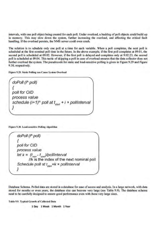 intervals, with one poll object being created for each poll. Under overload, a backlog ofpoll objects could build up
in memory. This may slow down the system. fun·her in.creasing the overload, and affecting the critical fault
handling. Ifthe overload persists, the NMS server could even cmsh.
The solution is to scl!edule only one poll at a time for each variable. When a poll completes, the next poll is
schedul.ed at the firSI nominal poll time in the firture. In Ute llbove example, ifthe first poll completes at 09:0 I, the
second poll is scheduled at 09:02. However, if the first poll is delayed.and completes only at 9:02:23. t.he second
poll is scheduled at 09:04. This t:actic ofskipping a poll in case ofoverload ensures that the data collector does not
further overload thesystem. Thepseudocode for static and load-sensitive polling is given in Figure 9.29 and Figure
9.30, respectively.
Figurr 9.29. StMtic Polling cuu Couse Systrm Ovrrload
doPo/1 (1v. poll)
(
poll rorOID
process value
schedule (i+ 1)I" poll at tstan + i x pol/Interval
}
Figurr 9.30. Load-srnsirivr Polling Algorilbm
doPo/1 (I" poll)
{
poll for OlD
process value
let k = (titOw- tr..)lpo/1/nteNa/
//k is the index of the next nominal poll
Schedule poll at tsran+k x po/f/nleNal
}
Database Scbema. Polled data are Slored in a database for ease ofaccess and analysis. In a large network, with data
smred for months or even years, the datlibase size can become very large (see Table 9.9). The dat:aliase schema
need to be carefullydesigned to ensure good perf
omuince even with these very large sizes.
Tablt 9.9. Ty(lical Growth of Collt<ltd Data
1 Day 1 Week 1 Month 1 Year
 