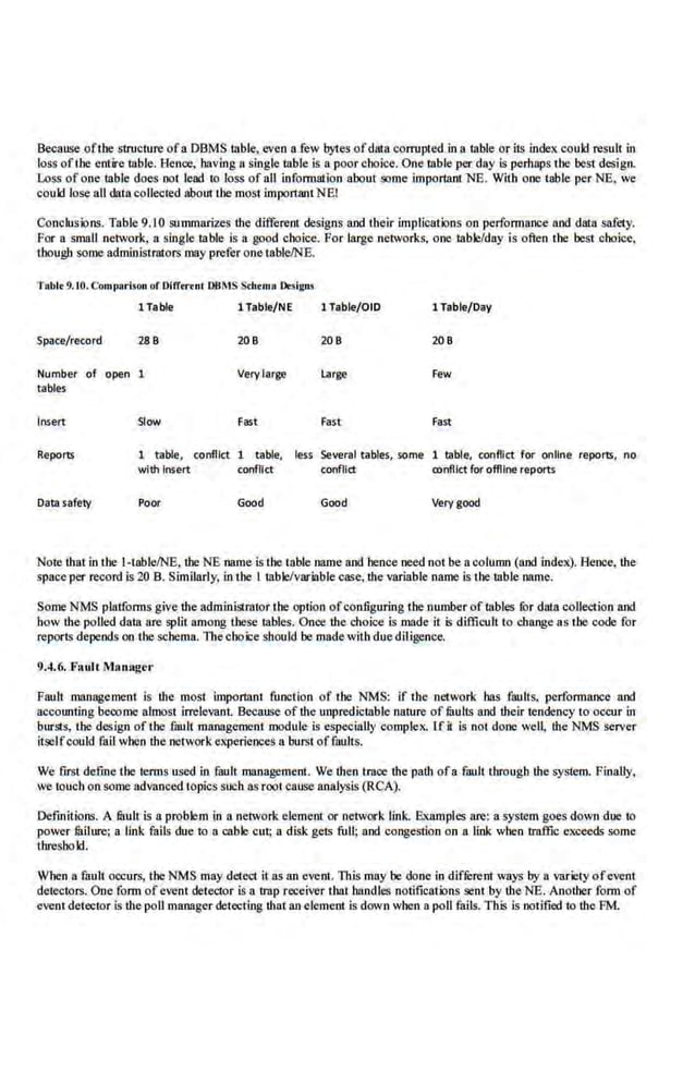Because ofthe structure ofa DBMS table, even a few bytes ofdma corrupted in a table or iiS index could result in
loss ofthe entire table. Hence, having asingle table is a.poor cboice. One wble per day is perhaps the best design.
Loss of one table does not lead Ill loss of all information about some important NE. With one table per NE, we
could lose all data collected about the most important NEI
Conclusions. Table 9.10 summarizes the·different designs and their implications on perfonnance and data safety.
For a small network, a single table is a good choice. For large networks, one table/day is often the best choice.
tbougb some administrators may prefer one table/NE.
Tabl• 9.10. CompArison of OiiTortnl OIIJ11S Scbrrna O.signs
1 Table
Space/r~ord 288
Number of open 1
tables
Insert Slow
1 Table/NE
208
Very large
Fast
1 Table/OlD 1 Table/Day
208 208
Large Few
Fast Fast
Reports 1 table, conflict 1 table, less Several tables, some 1 table, conflict for online reports, no
with Insert conflict confll'ct oonfllct for offline reports
Data safety Poor Good Good Very good
Note that in the l·table/NE, the NE name is the table name and hence need not be a column (and index). Renee, the
space per record is 20 B. Similarly, in the I table/variable case,the variable name is the table name.
Some NMS plalfonns give theadministrator the option ofconfiguring the number of wbles fur dru.a collection and
bow the polled data are split among Lbese tables. Once the choice is made it ~difficult to change as the code for
reports depends on the schema.lltechoice should be madewith due diligence.
9.4.6. F11ult Man.agct·
Fault management is the most important function of tbe· NMS: if the network bas foolts, pe.rformallCe and
accounting beoome almost irrele.vao1. Because ofthe unpredictnble nature of limits and their tendency to occur in
bursts, the design of the fuuli management module is especially complex. [fit is not done well, the NMS server
itselfcould fail when t.he network experieoces a burs1 offaults.
We first define the terms used in fault management. We then trace the path ofa fault through the system. Finally,
we 1ouch on some advanced topics such as root cause analysis (RCA).
Definitions. A mull is a problem in a network element or network link. E.xamples are: a system goes down due to
power fiUJure; a link fails due to a cable cut; a disk gets full; and congestioo on a link when traffic exceeds some
t.bresbold.
When 8 fault occurs, the NMS may detect it as an event. This may be done in diffurent ways by 8 variety ofevent
detectors. One form ofevent detector is a trap receiver tbal bandies notifications sent by the NE. Another form of
event detector is the poll manager detecting that an eleme.ot is down when a poll fails. This is notified to tb.e FM.
 