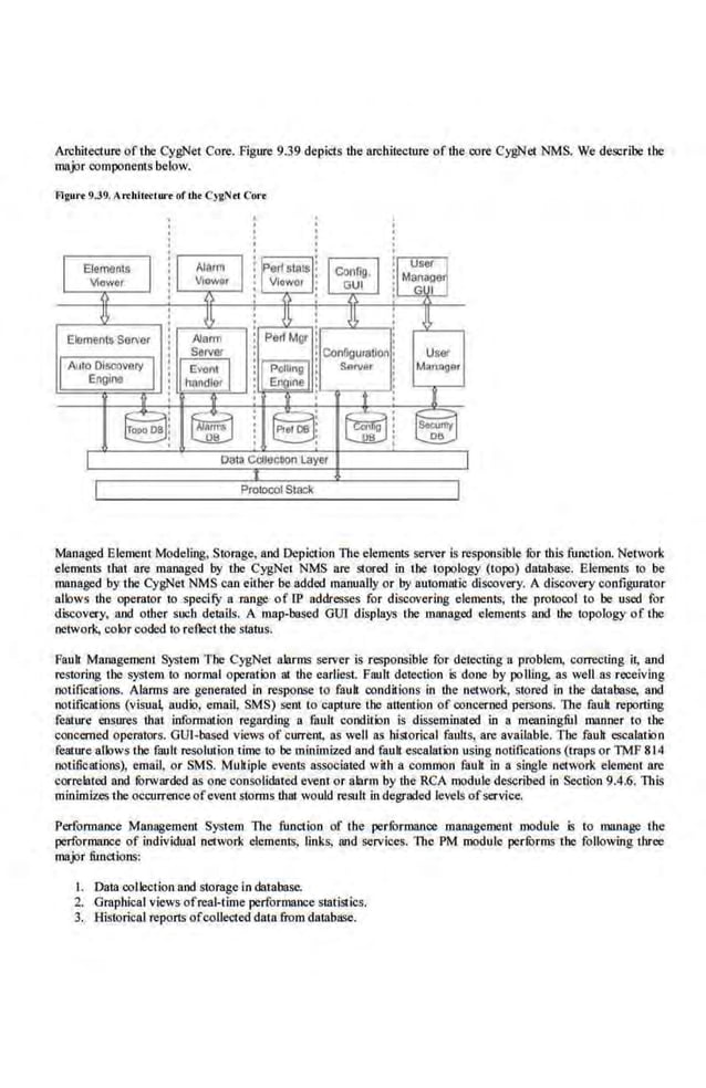 Arohitedure of the CygNet Core. figure 9.39 depicts the architecture of the core CygNet NMS. We describe the
major components below.
Flgurt 9.39. Arthltt<luo·t orIll< CygNtl Cor<
Managed Element Modeling, Storage, and Depiction The elements server is respons·ible fur thisfunction. Network
elements tbat are managed by the CygNet NMS are stored in the topology (topo) dambase. ElemeniS to be
mnnaged by the CygNet NMS c.nn either be added manually or by automatic discovery. A discovery configurator
alk>ws ·the operator to specifY a range of IP addresses for discovering ele.ments, the protocol to he used for
discovery, and other such details. A map-based GUl displays t.be managed elements and the topology of lbe
network, color coded 1
0 reflect the status.
Fault: Management System The CygNet alarms server is responsible for detecting a problem, correcting il, and
restoring tbe system to normal operation at the earliest. Fault detection is done by polling. as well as receiving
notiticatioos. Alarms are generated in response to fault cond~ions in the netwotk, stored in tbe database, and
notifications (visua~ audio, email, SMS) sent to capture lbe attention of concerned persons. Tite fault reporting
feature ensures that infonnation regarding a fitult condition is disseminated in a meaningful manner 10 the
concerned operators. GUI·based views of current. as well as historical faults, are available. The fault: escalation
feature alk>ws the fault resolution time to be minimized and fituk escalation using notifications (traps or TMF 814
notilkatioos), email, or SMS. Muhiple events associated with a common fault in a sing]c netwotk element are
correlated and forwarded as oneconsolidated evcn1or alarm by the RCA module described in Section 9.4.6. This
minimizes the occurrence ofevent stonns that would result in degraded levels ofservice.
Performance Managemenl System The· function of the performance management module is to manage the
performance of individual network elements, links, and services. The PM module perfurms the following three
major functions:
l. Data collection and storage in database.
2. Graphical views ofreal·time performance statistics.
3. Historical reports ofcolleded datafrom database.
 