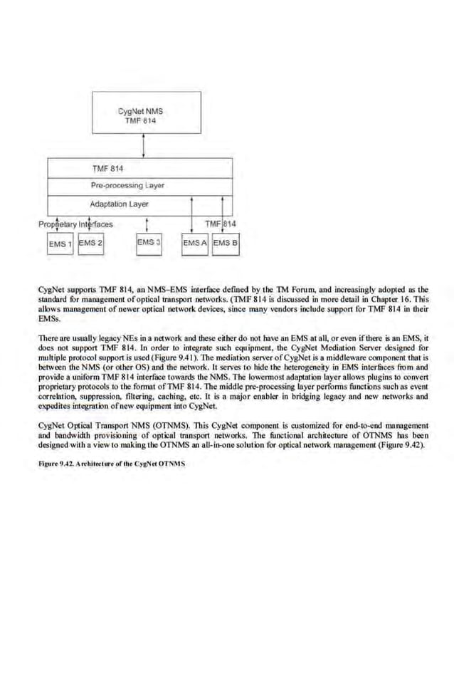 CygNet NMS
TMF8l 'l
I
TMF814
Pre-procasslng Layer
Adaptation Layer
prop~etary lnt~rfaces I TMF 814
CygNet supports TMF 814, an NMS-EMS interface defined by lbe TM Forum, and increasingly adopted as tbe
sl8ndard tOr management ofoptical transpon networks. (TMF 814 is discussed in more de!all in Clapter 16. Tlis
allows management of newer optical network devices, since many vendors include support for TMF 814 in their
EMSs.
Thereare usually legacyNEs in.a network and these either do not have an EMS at al~ orevc:n ifthere is an EMS, it
does not suppon TMF 814. ln order to integrate· such e<Juipment, the. CygNet Mediution Server designed for
multiple protocol suppon is used (Figure 9.41). 1be mediation server ofCygNet is n middle'vare component that is
between the NMS (or other OS) and the network. II serves to hide Lhe heterogeneity in EMS inte.rfuces from and
provide a uniform TM.f' 814 interface towarru, the NMS. The lowermost adaptation layer allows plugins to oonven
proprielary protocols to tbe formal ofTMF 814. The middle pre-processing layer ped'orms functions such as event
correlation, suppression, filtering, caching, etc. It is a majo:r enabler in bridging legacy and new networks and
expedites integration ofnew equipment into CygNet.
CygNet O.ptical Traospon l'o'MS (OTNMS). This CygNet component is customized for end-to-end management
and bandwidth provisioning of optical transpon networks. The functional archi1ecture of OTNMS has been
designed with a view to making the OTNMS an all-in-one solution for optical network management (Figure 9.42).
Frgurr 9A2. Arthllf<lurr oflhr CygNrt OTNMS
 