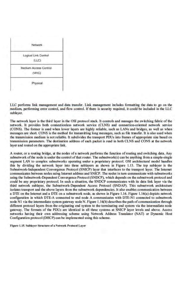 Netwcrk
Logical Link Control
(LLC)
lled1um Ace<:>$ Control
(MAC)
F'llysloal
LLC performs link management and dara transfer. Link management includes formaning the data ro go on the
medium, pe.rrorming error contro~ and flow control. If there is security required, it could be included in the ILC
sublayer.
The network layer is the third layer in the OSI protocol stack. It controls and manages the switching fabric of tb.e
·network. It provides both connectionless network service (CLNS) and oonnection-oriented ·network service
(CONS). The former is used when lower layers are highly reliable, such as LANs and bridges, as weU as when
messages are short. CONS is the method fur transmitting long messages, such as file transfer. It is also used when
the transmission medium is not reliable. It subdivide.s the transpol1 PDUs into !Tames ofappropriate size based on
transmission parameters. The destinalbn address ofeach packet is read in both CLNS and CONS at the network
layer and routed 011 the appropriate link.
A router, or a routing bridge, at the nodes ofa network perforras the function ofrouting and switching data. Any
subnetwork oftl~e node is under thecontrol ofthat router. The subnetwork(s) can be anything &oma simple-single
segment LAN to complex subnetworks operating under a proprietary protocol. OSI architectural model handles
this by dividing the network layer into three sublayers as shown in Figure 1.15. The lop sublayer is the
Subnetwork-Independent Convergence Protocol (SNICP) layer Ibm interfaces to the transport layer. l 'he Internet
communicares between nodes using Internet address and SNICP. llte nodes in tum communicate with subnetworks
using the Subnetwork-Dependent Convergence Protocol (SNDCP), which depends on thesubnetwork protocol and
could be any proprietary protocol In such a situation, the SNDCP communicates with its data link layer via the
third network sublayer, the Subnetwork-Dependent. Access Protocol (SNDAP). This subnetwork arc.hitecture
isolates transpon and the above layers from the subnetwork dependencies. It also enables communication between
a DTE on dte lntemet and a DTE on a subnetwork node, as shown in Figure 1.16. Figure I. I6(a) depicts network
configuratbn in which DT£..A connected to end node A communicates with DTE-NI connected to subnetwork
Mde·Nl via ·the intermediate system gateway node N. Figure 1.16(b) describes the path ofcommunication through
different protocol layers from the originating end system to the terminating end system vta the intermediate node
gateway. The formats of the PDUs are identical in all three systems at SNICP layer levels and above. Access
networks having their own addressing scheme using Network Address Translator (NAl) or Dynamic Host
Configuration protocol (DHCP) can be implemented using tltis scheme.
flgurt l.t5. SublayuStruclurt or a i'lrtwork Protoool Laytr
 
