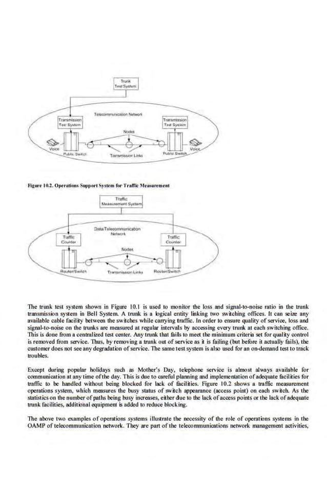 Frgurt IO.Z. Ot>traoions Snpt>orl Sysltm rnrTroiTic Mta!no'tontnl
The trunk test system shown in Figure 10.1 is used to monitor the loss and signal-to-noise ratio in !he r.runk
transmission sySlem in .Bell Syst.em. A trunk is a logical entity linking two switching offices. It can seize any
available cable facility between the swilcbcs while canying traffic. ln order to ensure quality of service, loss and
signal-to-noise on !he trunks are measured at regular intervals by accessing every rrunk at each switching office.
This is done from a centralized rest center. Any trunk rbat taiiJ; ro meet the minimum criteria set for qualily control
is removed from service. 11ws, by removing a trullk out of service as it is failing (bur before ir aet.ually fails), tbe
custo.merdoes not see anydegradation ofservice. The same test system is alsc used for an on-demand tesl to track
trouble.~.
Except during popular holidays such as Mother's Day, telephone service is almost always available for
communication at any time ofthe day. This is due to careful planning and implementation ofadequate fucilities for
traffic to be handled without being blocked. for lack of facilities. Figure 10.2 shows a traffic measurement
operations system, which measures lhe busy status of switch appearance (access point) on each switch. As the
statistics on the number ofpaths being busy increases, either due to the lack ofaccess points or tbe lack ofadequate
muik facilities, addilional equipment is added to reduce blocldng.
The above two examp.
les of operations systems illustrate tile necessity of tbe role of operations systems in the
OAMP oftelecommunication network. They are part of rbe telecommunications network management activities,
 