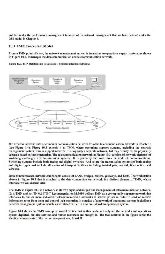 and fall under the perfunnance management function oftl~e network management tbat weltave defined under the
OSJ model in Chapter 4.
10.3. TMN Conceptual Model
From a TMN point ofview, the .nerwork management system is treated as no operations support system, as shown
in Figure 10.3.ll manages the data communication and telecommunication network.
Figurt t0.3. T~1N Rtlotlocublp co DAIR •nd Ttltoommuulealluu Nttwork.s
r-:;;:::""
-
We differentiated the data orcomputer communication network from the telecommunication network in Chapter I
(see Figure 1.4). Figure 10.3 extends it to TMN, where opemtions support systems, including the network
management system. form a suppolt network. It is logically a separate network. but may or may not bephysically
separate based on implementation. The telecommunication network inFigure 10.3 consists ofnetwork elernenls of
switching exchanges and. transmission systems. It is primarily the wide area network of communications.
Switching sys:tens include both analog and digital switches. And so are the transmission systems of both analo.g
and digital types and include all means of transport mcilities including twisted pair; coaxial, fiber optics, and
IVire)CS.~.
Data communication network components consist ofLANs, bridges, routers, g;~teways, and hosts. The worksuu:ion
sbown in Figure 10.3 that is anached to the data communication network is a distinct element ofTMN, wbose
interface we wiJI discuss later.
The TMN in Figure 10.3 is a network in its own right, and notjust the management oftelecommunication network.
(II is TMN and not TNM.) ITU-T RecommeodationM.3010 defines TMN as a conceptually separate network that
interfaces to one or more individual telecommunication networks 111 several points in order to send or receive
information to or from them and control their oper!ltion. It consists ofa ·network ofoperations systems including a
network managementsystem. whic.h, as we slllted earlier, is also considered an operations system.
Figure 10.4 shows the TMN conceptual model. Notice that in this model not only are the networks and operations
system depicted, but also services and humru1 resources are brought in. The two columns in the figure depict the
identical components ofthe two service providers, A and B.
 