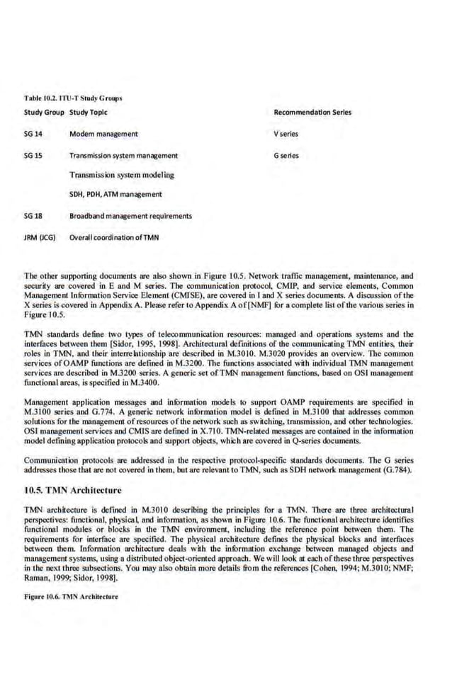 TRbltl0.2.lTli-TSllldyG ruur>>~
Study Group Study Topic
SG 14 Modem management
SG 1S Transmlssion.system management
Tm11$mission system modeling
SOH, PDH,ATM management
SG 18 Broadband management requirements
JRM (JCG) Overall coordination ofTMN
Re<ommendatlon Series
Vseries
Gsenes
Tbe otber supporting documents are also shown in Figure 10.5. Nerwork traffic llUIJlagemeot, maintenance, and
security are covered in E and M series. Tbe communication protocol, CMIP, and service elements, Common
Management lnfurmation Service Element (CMJSE), are covered in I and X series documenrs. A disrussion oftbe
X series is cove.red in AppendixA. Please refer 10 Appendix Aof[NMF] ror a complete list of the various series in
Figure I0.5.
TMN standards define two types of telecommunication resources: managed and operations systems and the
interfaces between them [Sidor, 1995, 1998]. Architecturill defmitions of the communicating TMN entities, their
roles in TMN, and their interrelationship are described in M.3010. M.3020 provides an overview. The common
services ofOAMP functiO
O$ are defined in M.3200. The functions 11850Ciated with individuallllfN management
service.s are described in M.3200 ser.ies. A generic set ofTMN management functions, based on OSI managemenl
functional areas, is specified in M.3400.
Management application messages and inrorrnation models 10 support OAMP requirements are specified in
M.31 00 series and G.774. A generic network infurmation model is defined in M.31 00 thar addresses common
solutions for the management ofresources ofthe network such as switching, transmissioo.nnd orher rcchnologies.
OS! managementservices and CMIS are defined in X.710. TMN-related messages are contained in ·the information
model defining application protocols and support objects, which are covered in Q-series documents.
Communication protocols are addressed in the respective proiocol-specitic standards do<:umeou. TI>e G series
addresses those that ate not covered in them, butare relevant to TMN, such as SOH network management (G.784).
10..5. TMN Architcchu·c
TMN architecture is defined in M.301 0 describing the principles for a TMN. lltere are three architectum I
perspectives: functional, physica~ and information, as shown in Figure 10.6. The timctional architecture identifies
functional modules or blocks in the TMN envirollOlcnt, including the reference point between them. The
rcquiremeols for interface are spooWed. The physical u.rcb.itccrure defines the physical blocks and interfaces
between them. lnformation arc.hitecture deals with the inrormation .exchange between managed objects and
management s)!Stems, using a distributed objeCI-oriented approncb.. We will look 81 each oftheselhree perspectives
in the next three subsections. You may also obtain more detaJls from the references (Cohen, 1994;.M.JOIO; NMF;
Raman, 1999; Sidor, 1998J.
Figurr 10.6. TMN Arcbiltclurr
 