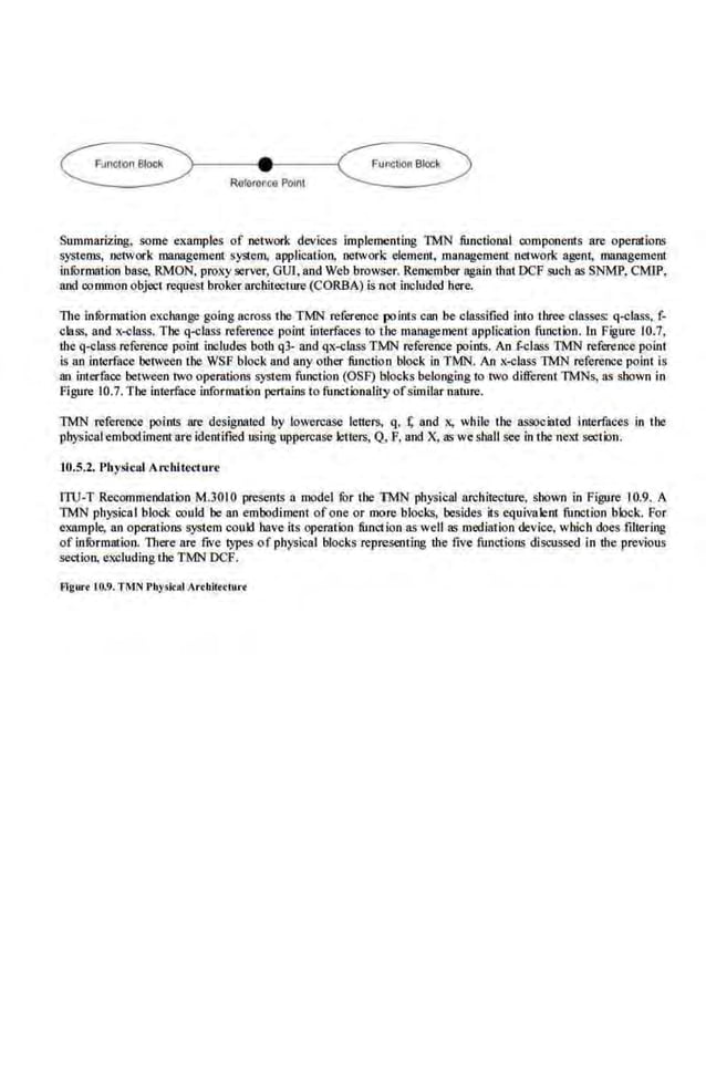 Summarizing, some example~ of network devices imp.lementiog TMN fitnctional components are operations
systems, network management system, application, network element, management network agent, management
information base, RMON. proxy server, GUI, and Web browser. Remember again that DCF such as SNMP. CMIP,
and conunon object request broker architecture (CORBA) is not included here.
The information exchange going across the TMN reference points can be classified into three classes: q...;:lass, f-
elass, and x-class. The q-class reference point interfa.ce.s to fhe management application function. In Figure 10.7,
Ute q-class reference point includes boUt q3- and qx-class TMN reference points. An J.class TMN reference point
is an int.erface between the WSF block and any o!her functio·n block in TMN. An x-class TMN reference point is
an interface between two o~rations system function (OSF) blocks belonging to two different TMNs. as shown in
Figure 10.7.The interface information pertains to functionality ofsimilar nature.
TMN niferen.ce points are designated by lowercase le11ers, q, 1; and x, while the associated interfaces in the
physicalembod ime.nt are identified using uppercase letters, Q, F, and X, as we shall see in the next section.
10.5.2. Physical Arrbltccturc
ITU-T Recommendation M.JOIO presents a model fur the TMN physical architecture, shown in Figure 10.9. A
TMN physical block epuld be an embodiment of one or more blocks, besides its equivalent function block. For
example, an operations system could have its operation function as well as mediation device, which does filtering
of infOrmation. There are ftve lypes of physical blocks representing the ftve functions discussed in the previous
sect.ion, excludingtJ~e TMN DCF.
flgurt I0.9.TMN Pbysk•d Arthhtclurt
 