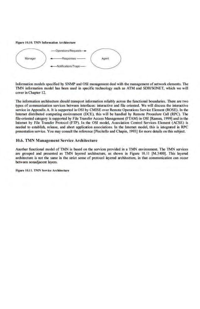 Fi~urt I0.10. TMN lnformKtion Arddlotlu"'
lnfurmation models specified by SNMP and OS! management deal with the management ofnetwork elements. The
TMN information model has been used in specific technology such as ATM and SDHISONET, which we will
cover in Chapter 12
The information architecture should transport information reliably across the functional boundaries. There are two
types of communication service~ between interfaces: interactive and file oriented. We will discuss the interactive
service in Appendix A. II is supported in OSI by CMlSE over Remote Operations Service.Element (ROSE). In the
Internet dt~tributed computing environment (DCE), thL~ will be handled by Remote Procedure 0111 (RPC). The
ftle-orientcd category is supported by File Transfer Access Management (FTAM) in OST [Raman, l999] and in the
lnternet by File Transfer Protocol (FTP). ln the OS! model, Association Control Services Element (ACSE) is
needed to establish, release, and abort application associations. ln the Internet model, this is integrated in RPC
presentation service. You may consultthe reference (Piscitello and Chapin, 1993] fur more details on this subject.
10.6. TMN Management Service Architecture
Another functional model ofTMN is based on U1e services provided in a TMN environment. The TMN services
are groupe<:~ and presented as TMN layered architecture, as shown in Figure 10. 11 [M.3400]. This layered
architecture is not the same in the strict sense of protocol layered architecture, in that communication can occur
between nonadjacent layers.
FlgiU't I0.11. TMN Strvi<o Archilttlnro
 