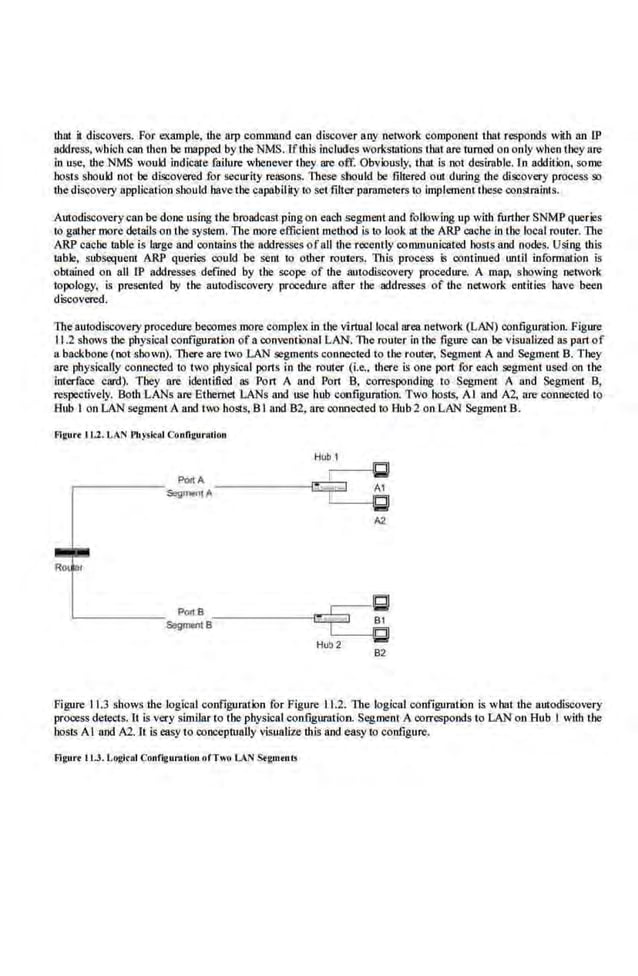 that it discovers. For example, the arp command can discover any network component tbat responds with an 1P
address, which can then be mapped by the NMS. Jfthls lnclude.s workstations that are rumed on only when they are
in use, the NMS would indicate failure whenever they are off. Obviously, that is not desirable. In addition, some
hosts should not be discovered for security reasons. These should be filtered out during the discovery process so
the discovery application should bavethe capability to set filter parameters to Implement these conStraints.
Autodiscoverycan be done using the broadcast ping on ea.ch segmen.t and following up with further SNMP queries
to gather more details on the system. The more efficient method is to look at the ARP cache in the local router. The
ARP caehe !ableis large and conlains the addresses of all the recently communicated hosts and nodes. Using tbls
table, subsequent ARP queries could 'be sent io other routers. TI1is process is continued until information is
obtained on all 1P addresses defmed by the scope of the autodiscovery procedure. A map, showing network
topology, is presented by the autodiscovery procedure after the addresses of the network eutiiles bave been
discovered.
The autodiscovery procedure becomes more complex in the virtual local area network (LAN) configuration. Figure
11.2 shows the physical configuration of a conventional LAN. The router in the figure can be.visuali:r.ed as part of
a backbone (oot shown). There are two LAN segments connected lo the rooter, Segment A and Segment B. They
are physically connected to two physical ports in the router (i.e., there is one port for each segment used on the
Interface card). They are Identified as Port A and Port B, corresponding to Segment A and Segmenl B,
respectively. Botll LANs are Ethernet LANs and use bub configuration. Two hosts, Al and A2, are connected to
Hub 1 on LAN segment A and ·two hosts, B l and 82, are connected to Hub 2 on L.AN Segment B.
r-------..=.~
Ro or
A:J.
POIIB~~
~IB ...~
Hub2
82
Figure 11.3 shows the logical configuration for Figure 11.2. The logical configuration is wbat the autod.iscovery
process detects. Lt is very similar to the physical configuration. Segment A corresponds to LAN on Hub I with the
hosts AI and A2. Ills easy to conceptually visualize this and easy to configure.
Flgurt ti.J.Loglral Configuration ofT"o LAN S.gmtuiS
 