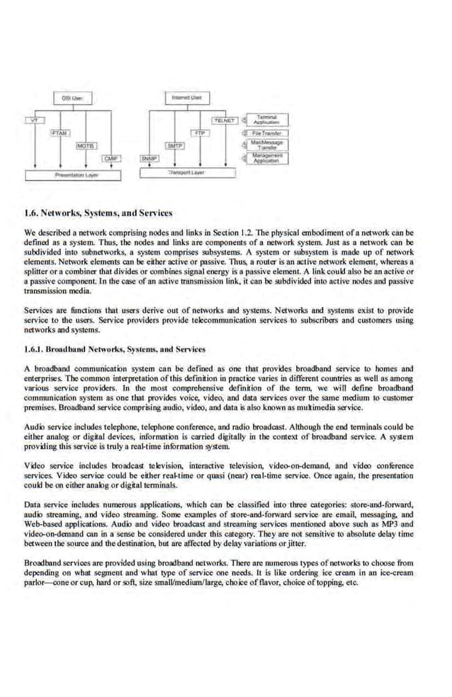 ,.--1---:c'--,.,.--'--~
1.6. Network~, Systems, alitl SL•n•ices
~ ~
m - _J
{~I
( '::'I
We described a network comprising nodes and links in Section 1.2. The phys.ical embodiment ofa network·can be
deftned as a system. Thus, the nodes nod links are components of a network system. Just as a network can be
subdivided into subnetworks. a system comprises subsystems. A system or subsystem is made up of network
elements. Network elements can be either active or passive. Thull, a router is an octive network element, whereas a
splitter or a combiner !bat divides or combines signal energy is a passive element. A link could also be an active or
a passive component. 1n the case of an active transmission link, it can be subdivided into active nodes and passive
transmission media.
Servioes are fun~'lions ihat users derive out of networks and systems. Neiworks and systems exist to provide
service to the users. Service providers provide telecommuoicatlon services to subscribers and customers using
networks and systems.
J.(i.l . .Broutl blind Networks. Systems. 1
md Sl'n'ices
A broadband communication system can be defined as one that provides broadband service to homes and
enterprises. The common interpretation ofthis definition in practice·varies in different countries as weU as among
various service providers. ln the· most comprehensive defmition of !be term, we will define broadband
communication system as one that provides voice, video, and data services over the same medium to customer
premises. Broadband service comprising audio, video, and dara is also known as multimedia service.
Audio service includes telephone., telephone conference, and radio broadcast. Although the end terminals could be
either analog or digital devices, inrormation is carried digitally in the context of broadband service. A system
providing this service is tmly a real-lime information system.
Video service includes broadcast television, interactive television, video-oiHlemand, and video conference
services. Video service could be either real-time or quasi (near) real-time service. Once again, the presentation
could be on eitber analog or digital terminals.
Data service includes numerous applications, whi.ch can be classified into three categories: store-and-fofvard,
audio streaming, and video streaming. Some· examp.les of store-and-forward service are email. messaging, and
Web-based applications. Audio and video broadcast and streaming services mentioned above sucb as MPJ and
video-oiHlemand can in a sense be considered under this category. They are not sensitive to absolute delay time
'between the source and the destination, but are affected by delay variations orjitter.
Broadband services are provided using broadband nehvo(ks. There are nume.rous types ofnetworks to choose from
depending on what segment and what type of service one needs. It is like ordering ice cream in an ice-cream
pnrlor---ooneorcup, hard or soft; size smaJJ/mediwn/large. choice offlavor, choice oftopping, etc.
 