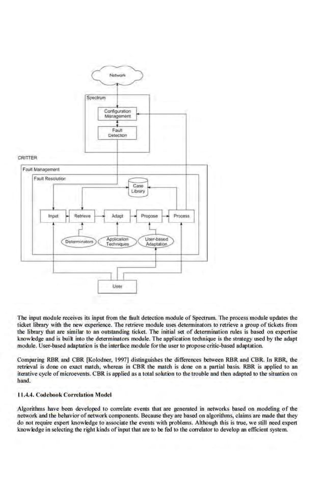 CRITTER
The input module receives its input from the mull detection module of Spectrum. The process module updates the
ticket library with the new experience. The retrieve module uses detenninators to retrieve a group of tickets from
the library that are similar to an outstanding ticket. The initial set of determination rules is based on expertise
knowledge and is built into the determioators module. The application technique is the strategy used by the adapt
module.. User-based adaptation is the lnterfuce module for the user to propose critic-based adaptation.
Comparing RBR and CBR [Kolodner, 1997] distinguishes the differences between RBR and CBR. ln RBR, the
retrieval is done on exact match, whereas in CBR the match is done on a partial basis. RBR is applied to an
iterative cycle ofmicroeveots. CBR is nppued ns a total solution to the trouble and then adapted to the situation on
hand.
11.4.4. Codebook Correlation Model
AlgoriLbms have been developed to correlate events that are generated in networks based on modeling of the
network and the behavior ofnetworkcomponents, Because they are based on algorithms, claims are made that they
do not require expert knowledge to nssociate the events with problems, Although this is true, we still need expert
knowledge in selecting the right ldods ofinput that are 10 be fed to the correlator to develop an efficient system.
 