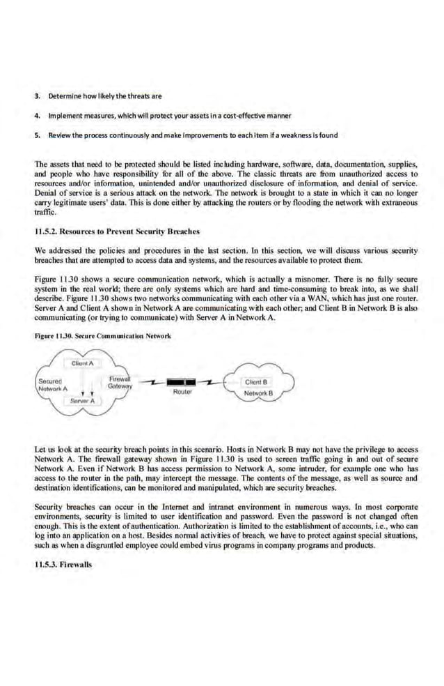 3. Determi(le how likely the threats are
4. Implement measures, whloh will protectyour assets In a cost-effective man(ler
5. Review the process continuously and make improvements to each item if a weakness is found
The asseiS that need to be protected should be listed including hardware, sof,lware, data, documentalion, supplies,
and people who have responsibility fur all of the above. The classic threats are &om unauthori7..ed a.ccess to
resources and/or information, unintended andlor unauthorized disclosure of information, and denial of service.
Denial of service is a serious attack on the n.etwork. 1l1e nel~vork is brought to a sUite in which it can no longer
carry legitimate users' dam. This is done eithe·r by attacking therouters or by flooding the network with extraneous
trnffic.
11.5.2. J~esourcc.~ to Prev~nt Seeuri.ty Hreocbes
We addressed tbe policies and procedures in the last section. ln this section, we will discuss various security
breache~ that are attempted to access data and systems, and the resources available to protect them.
Figure 11.30 shows a secure commun1cation network, wh1ch is actually a misnomer. There is no fully secure
system in the real world; the.
re are only systems which are hard and time..:-onsuming to break into, as we shall
describe. Figure 11.30 shows two networks communicating with each other via a WAN, which hasjust one router.
Server A and Client A shown in Network A are communicating with each other; and Cuent 8 in Network 8 is al.so
communicating (or trying to communicate) with Server A in Network A.
Flgw·• ll.JO. S«urt Cununmll<lltlon Ne~worl<
Let us look at the securit.y breach points in this scenario. Hosts in Network B may not have the privilege to access
Network A. The firewall gateway shown in Figure 11.30 is used to screen traffic going in and out of seoore
Network A Even if Network 8 has access permission to Nehurk A, some inlntder, for example one who has
access to the router in the path, may intercept the message. The contents oflhe message, as well as source and
des1inai"
ion identifications, can he monitored and manipulated, which are se~urity breaches.
Security breaches can occur in the lntemet and intranet environment in numerous ways. ln most corporate
environments, security is limited to user identification and password. Even the password is not changed often
enough. This is the extent ofauthentication. Authorization is limited to the establishment ofa.ccounts, i.e., who can
log into an application on a host. Besides noonal act"iviries of breach, we have to protect against special situations,
suc:h as when a disgruntled employee could embed virus programs in company programs and produciS.
11.~.3. Firewalls
 