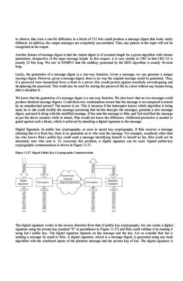 to observe that even a one-bit dift'ereuce in a block of 512 bits could produce a message digest lllld looks vastly
different. In addition, the output messnges are completely uncorrelru.ed. Thus, any pattern in r.he input will not be
recognized at theoutput.
Another leatute ofmessage digest is that the output digest is ofoonslantlengtb for a given algorithm with chosen
parameters, irrespective of the input message length. In this respect, it is very similar to CRC in r.hat CRC-32 is
exactly 32 bits long. We saw in SNMPv3 ·r.hat the authKey generated. by the MD5 algorithm is exactly 16-ootet
long.
Lastly, the generation of a message digest is a one·way function. Given a message, we can generate a unique
message digest However, given a message digest, there is no way the original message could be generated. llms,
if a password were transmitted from a client to a server. this. would protect against somebody eavesdropping and
deciphering the password. TbL~ could also be used for storing. the password file in a host without any hu.man being
able to decipher it
We know that the generation of a message digest is a one·way function. We also know that no two messages could
produce identical message digest.s. Could r.hese two combinations ensure Lhatlhe message is not tampered in transit
by an unauthori2ed person? The answer is no. This is becaus-e If t.he interceptor knows which algorithm is being
used, .he or she cou.ld modifY the message (assuming that be/she decrypts the message), generate a new message
digest, and send it alon.g with the modified message. IfJan sent the rne.ssage to Rita, and Ted medified the message
as per the above seenario while in trans.it, Rita would not know the difference. Additional protection is needed to
guard against such a lhret~t, which is achieved by attachinga digital signature to lhe message.
Digital Signature. In public key cryptography, or even in secret key cryptography, if Rita receives a message
claiming that it is from lan, there is no guarantee as to who sent the message. For elalmple, somebody other than
lao who knows Rita's public key could send a message identifying himself or herself as lao. Rita could not be
absolutely sure who sent it. To overcome this problem. a digital signature can be used Signed public-key
cryptographic communication is shown in Figure 11.37.
flgurt 11.37. Signed rublic-KtyCryt>t<>gNpbi< Corumuni<•C
iun
The digital ~ignature works in the reverse direction from that of public key cryptography. Ian can create a digilal
signature using his private key (marked "S" in parentheses in Figure 11.37) and Rita could vnlidrue it by reading it
using Ian's public key. The digital signature depends on tbe message and the key. Let us cons.ider tbat lao is
sending a message by email to Rita. A digital signature, which is a message digest, is generated using any bash
algorithm with t.he combined inputs of t.he plninield message and t.he private key oflao. The digital signature is
 