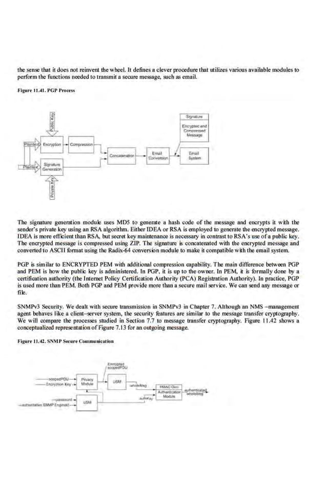 the sense tbat it does not reinvent the wheel. lt defines a clever procedure th:u utilizes various available modules to
pcrl'orm the fuoctions needed to u:ansmit·nsecure message. such as email.
The signamre generntion module uses MDS to genernte a hash code of the message and encrypts it with the
sender's private key using an RSA algorithm. Either IDEA or RSA is employed to generate the encrypted message.
IDEA is more efF.:ient than RSA, but secret key maintenance is necessary in contrast to RSA's use ofa public key.
The enorypted message is compressed using ZIP. The signature is concatenated with the encrypted message and
converted to ASCII furmat using the Radix-64 conversion module to make it compatiblewith the email system.
PGP is similar to ENCRYPTED PEM with additional compression capability. The main difference between I'GP
and PEM is bow the public key is administered. In I'GP, it is up to the owner. In PEM, it is furrnally done· by a
certification authority (the Internet Policy Certification Antbority (PCA) Registration Antbority). In practice, POP
is used more than PEM. Bodt POP and PEM provide more than a secure mail service. We can send any message or
frle.
SNMPv3 Security. We dealtwith secure transmLo;sion in SNMPv3 in Chapter 7. Althougll an NMS -management
agent behaves like a client-server sys1em, Ihe security feawres are similar to the message transtcr oryptograpby.
We will compare the processes studied in Section 7.7 to message transfer cryptography. Figure I1.42 shows a
conceptualized representation ofFigure 7.13 for an outgoing message.
Flgur• 11.42. SNMPStc:uro Commuoicfltlon
 