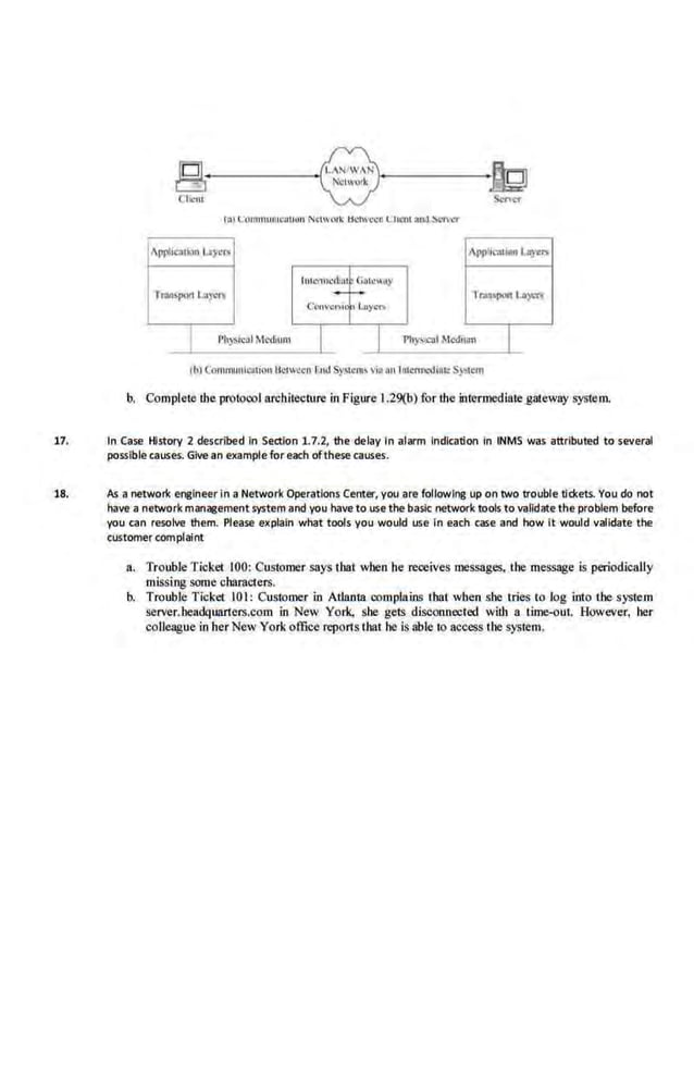 0
_ -----~§I~N
iW,N~-----~
t:tJ Notwork ~
Cl..
-nl S<n<:r
(a) L·oumuUltCdlh.m NUt,•cuk. Uetwccnt.ll111 ttnd .S..·I-cr
ICal~>n U)'<:~ ipp:1c:mon 1-ll)'l'f<
lnto1nl.!c~nt <11111!ll)'
>po<l Luy•ll -i- 1'11lMpon U)<t<
C~II'Ct)ii.:! 'Ll:•y~n
I I'A>~•col Medium
I I l'llyS~a~l M<<hum
I
(b) C:~n1munlcmlon lki~CII fnd S)'I'ICI"-' via .111 l•tenncdlnJ.: S)"'<nl
b. Complete the protocol architecture in Figure I.29(b) for the intermediate gateway system.
17. In Case History 2 described In Sertlon 1.7.2, the delay In alarm indication In INMS was attributed to several
possible causes. Givean example for each ofthese causes.
18. ~a network engineer in a Network Operations Center, you are followl"'! up on two trouble tid<ets. You do not
have a network managementsystem and you haveto use the basic network tools to validate the problem before
you can resolve them. Please explain what tools you would use In each case and how it would validate the
customer complaint
a. Trouble Ticket 100: Customer says tbat when be receives messages, the message is periodicaUy
missing soroe cbarncters.
b. Trouble Ticket 10I: Customer in Atlanta complains that when she t·ries to log into the system
server.beadquarters.com in New York, she gets disconnected with a lime--out. However, her
c<>lleaguein ber New Yorkoffice "''POrtS that he is able 1
0 access the system.
 