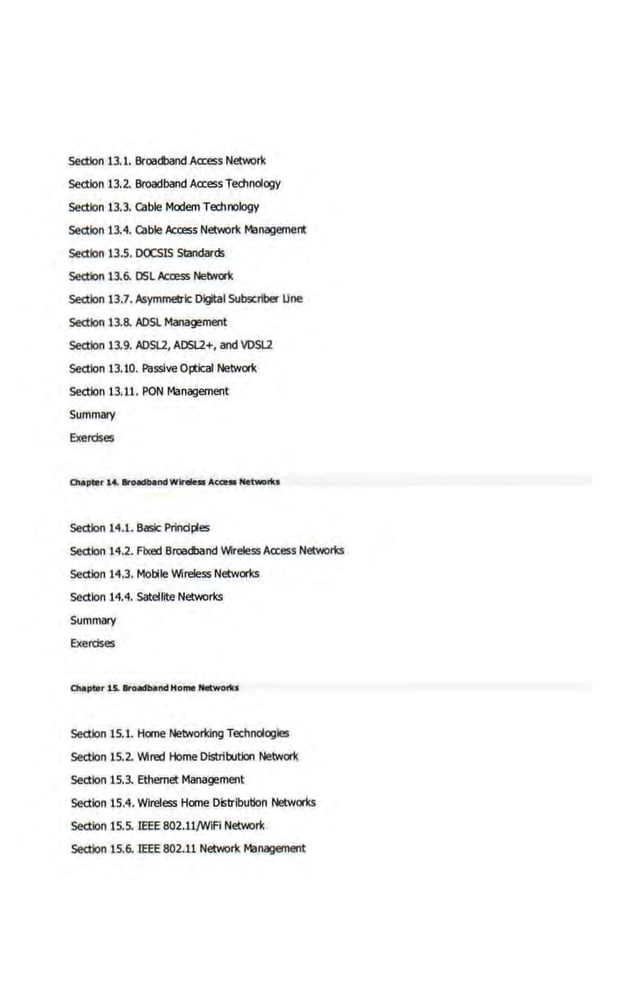 section 13.1. Broadband Access Network
section 13.2. Broadband Access Technology
section 13.3. cable Modem Techrology
section 13.4. cable lv.:CI!SS Network Management
section 13.5. DOCSIS Standards
section 13.6. DSL kress Netwai<
Section 13.7. Asymmetric Dgtal Subscriber Une
Section 13.B. ADSL Management
Section 13.9. ADSL2, ADSL2+, and VDSL2
section 13.10. Passive O~ical Network
section 13.11. PON Management
Summary
Exercises
Section 14.1. Basic Prindlies
section 14.2. Fixed Broadband Wireless Access Networks
section 14.3. Mot:XIe Wireless Networks
section 14.4. Satellite Networks
Summary
Exercises
section 15.1. Home Networking Technologies
section 15.2. Wired Home Distribution Network
section 15.3. Ethernet: Management
section 15.4. Wireless Home Distribution Networks
section 15.5. IEEE B02.11/WIFI Network
section 15.6. IEEE 802.11 Network Management
 