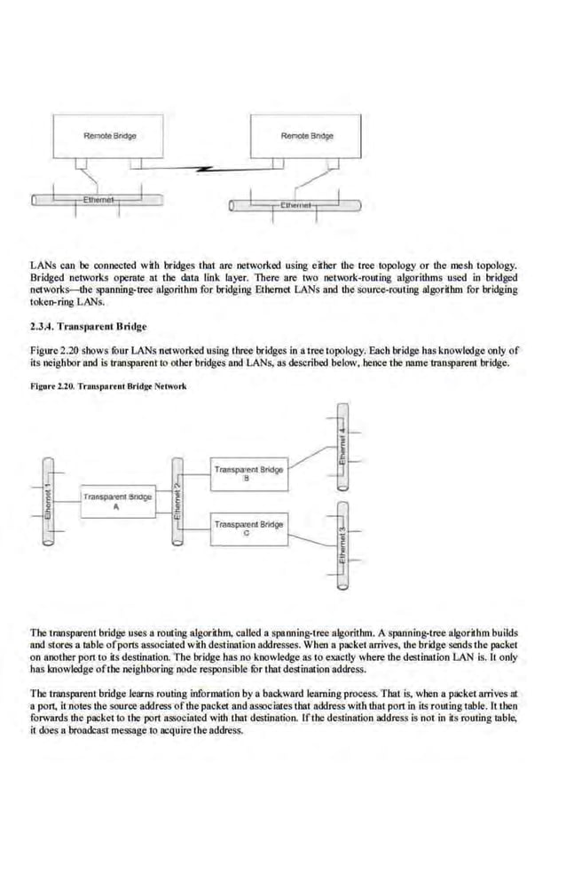 I ·-- Remote Bridge
LANs can be· connected with bl"idges tbat are networ.ked using either the tree. topology or tb.e mesb topology.
Bridged networks operate at the data link layer. There are two nen,mk-routing algorithms used in bridged
networks-the spanning-tree algorithm for bl"idging Ethernet LANs and the S:Ource-routing algorH·hm for bridging
token-ring LANs.
2.3.4. TrluJsparent Bridge
Figure2.20 sbows four LANs octwor.ked using thrCe bridges in a tree topology. Each bridge has knowledge only of
its neighbor and is transparent to other bridges and LANs,.as described below, hence the name transparent bridge.
Figurt 1.20. Transl'•r•nl Bridl!< Ntcwork
The transparent bridge uses n routing algodt'11m, called a.spanning-tree algorithm. A spanning-uee algorithm builds
and stores a table ofporis associated with destination addresses. When a packet arrives, the bridge sends the packet
on another port to its de.stination. The bridge has no knowledge as to exactly where the destiMlion LAN is. It only
has knowledge ofthe neighboring node responsible fOr that destination address.
The transparent bridge learns routing information by a backward leuming process. That is, when a packetarrives ut
a port. it·notes the source address ofthe packet and associates that address with that port in its routing table. It then
forwards the packet to the port associated with tbat destination. lfthe destination address is not in its routing lllble,
it dOes a broadcast message to acquire the address.
 