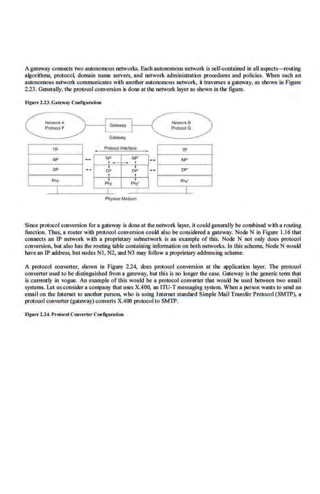 Agateway connoots two autonomous networks. Eacl18utonomous network is se.lf-contained in allaspects-routing
algodt:hms, protoco~ domain name servers, and network administration procedures and policies. Wben such an
autonomous network communicates w~h another autonomous network, it traverses a gateway, as shown in Figure
2.23. Generally, the prot~! conversion is done at the network layer as shown in the figure.
Flgurt 2.23. Gateway Conflgunllon
NP - NP
- N
f f-
-
OP - tip or -
-,
Phy
' P~l'
T
Phy
I
Phyaloal M~lum
Since protocol conversion for a gateway is done at tb.e network layer. il could generally be combined wiLh a routing
funct·lon. Thus, a router with protoeol conversion could also be considered a gateway. Node N in Figure 1.16 that
connects an [p network wiib a proprietary subnetwork is nn example of this. Node N not only does prot~)
convers.ion, but also bas the routing table containing infonnation on both networks. 1n this scheme, Node N would
have an IP addte$S, but nodes NI, N2, and N3 may follow a proprietllry addressing scheme.
A protO<:Ol converter, shown in Figure 2.24, does prot~l conversion at the application layer. The protocol
converter used to be distinguished from a gateway, butthis is no longer tho case. Gateway is the generic term that
is currently in vogue. An exrunple of this would be a protocol converter that would be used between two email
systems. Let usconsider a compa.ny that uses X.400, an ITIJ-T messaging system. Wben a person wants to send nn
email on the lntemer to another person, who is using J.nter.ner standard Simple Mail Transfer Protocol (SMTP), a
protoool converter (gateway) converts X.400 protocol to SMTP.
Flgurt 2.24. Protocoi·Convtrlu Configuralion
 