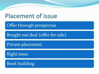 Placement of issue
Offer through prospectus
Bought out deal (offer for sale)
Private placement
Right issue
Book building
 