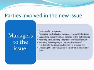 Parties involved in the new issue
• Drafting the prospectus
• Preparing the budget of expenses related to the issue
• Suggesting the appropriate timings of the public issue
• Assisting in marketing the public issue successfully
• Advising the company in the appointment of
registrars to the issue, underwriters, brokers, etc.
• Directing the various agencies involved in the public
issue.
Managers
to the
issue:
 