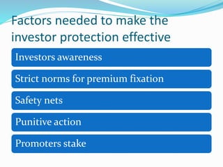 Factors needed to make the
investor protection effective
Investors awareness
Strict norms for premium fixation
Safety nets
Punitive action
Promoters stake
 