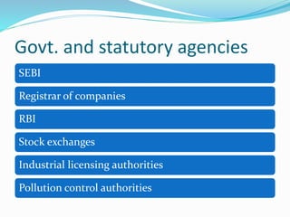 Govt. and statutory agencies
SEBI
Registrar of companies
RBI
Stock exchanges
Industrial licensing authorities
Pollution control authorities
 