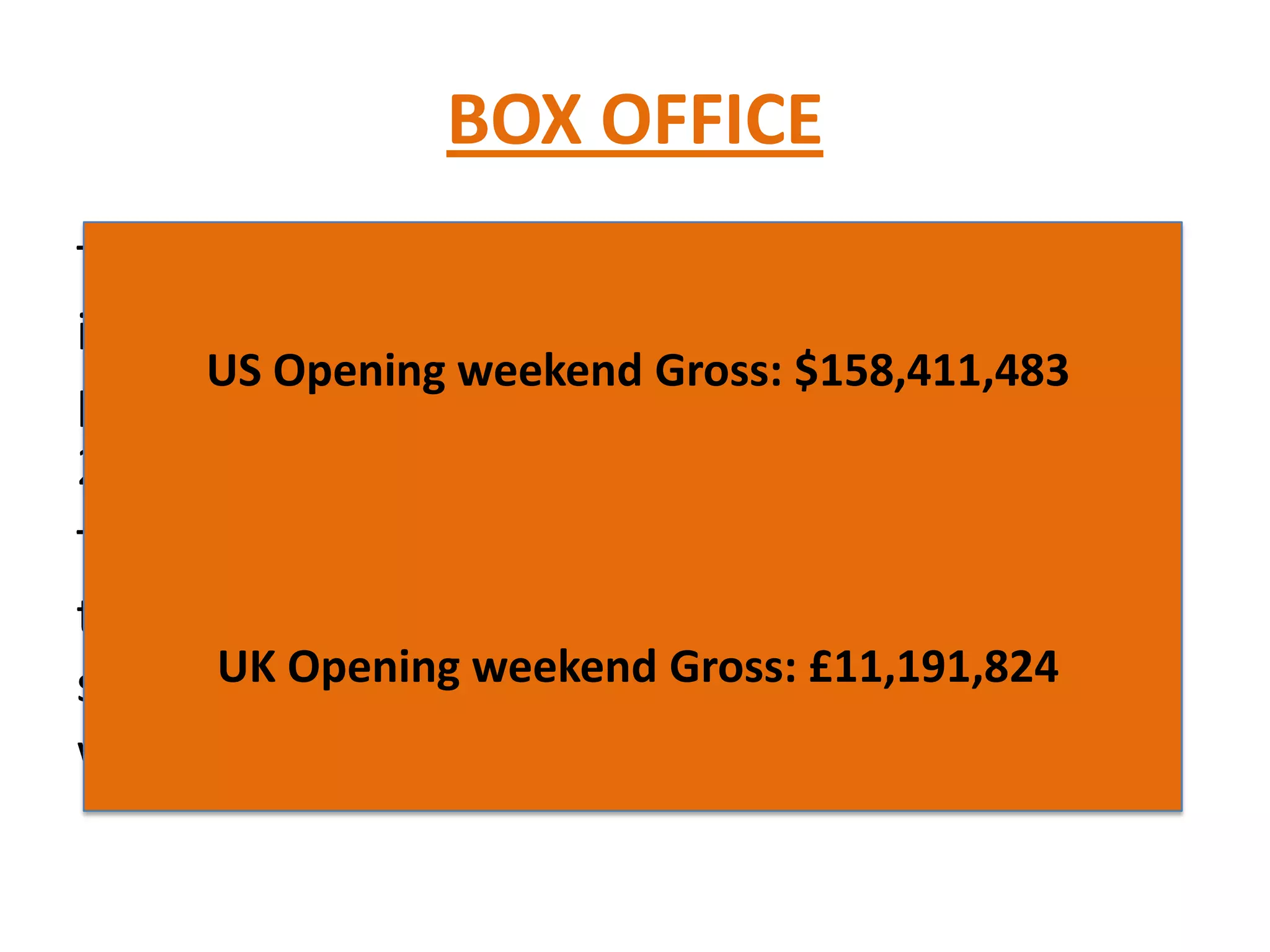 BOX OFFICE
The Dark knight was released on July 16th 2008
in the US & Canada on 4,366 screens. It
premiered in the UK just one week later on July
24th on 502 screens.
There were over 3000 midnight screenings of
the film in both countries and all IMAX
screenings were sold out for the opening
weekend.
US Opening weekend Gross: $158,411,483
UK Opening weekend Gross: £11,191,824
 