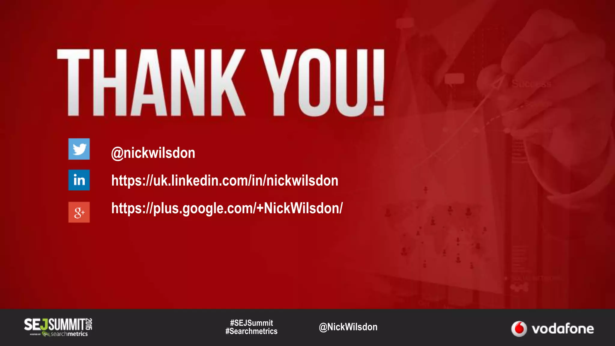 #SEJSummit
#Searchmetrics @NickWilsdon
@nickwilsdon
https://uk.linkedin.com/in/nickwilsdon
https://plus.google.com/+NickWilsdon/
 