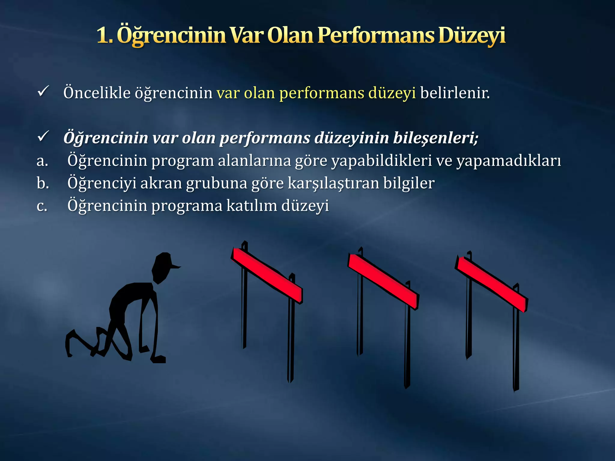  Öncelikle öğrencinin var olan performans düzeyi belirlenir.

 Öğrencinin var olan performans düzeyinin bileşenleri;
a. Öğrencinin program alanlarına göre yapabildikleri ve yapamadıkları
b. Öğrenciyi akran grubuna göre karşılaştıran bilgiler
c. Öğrencinin programa katılım düzeyi
 