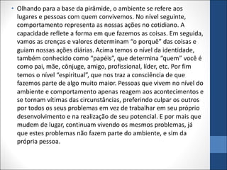 • Olhando para a base da pirâmide, o ambiente se refere aos
lugares e pessoas com quem convivemos. No nível seguinte,
comportamento representa as nossas ações no cotidiano. A
capacidade reflete a forma em que fazemos as coisas. Em seguida,
vamos as crenças e valores determinam “o porquê” das coisas e
guiam nossas ações diárias. Acima temos o nível da identidade,
também conhecido como “papéis”, que determina “quem” você é
como pai, mãe, cônjuge, amigo, profissional, líder, etc. Por fim
temos o nível “espiritual”, que nos traz a consciência de que
fazemos parte de algo muito maior. Pessoas que vivem no nível do
ambiente e comportamento apenas reagem aos acontecimentos e
se tornam vítimas das circunstâncias, preferindo culpar os outros
por todos os seus problemas em vez de trabalhar em seu próprio
desenvolvimento e na realização de seu potencial. E por mais que
mudem de lugar, continuam vivendo os mesmos problemas, já
que estes problemas não fazem parte do ambiente, e sim da
própria pessoa.
 