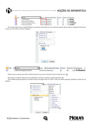 Didatismo e Conhecimento 40
Noções de informática
Posso ainda refinar mais a minha filtragem, caso precise saber dentro do sexo feminino quantos atletas estão na categoria Profissional,
eu faço um novo filtro na coluna Categoria.
Observe que as colunas que estão com filtro possuem um ícone em forma de funil no lugar da seta.
Para remover os filtros, basta clicar nos cabeçalhos com filtro e escolher a opção selecionar tudo.
Você também pode personalizar seus filtros através da opção Filtros de Texto e Filtro de número (quando conteúdo da célula for um
número).
 