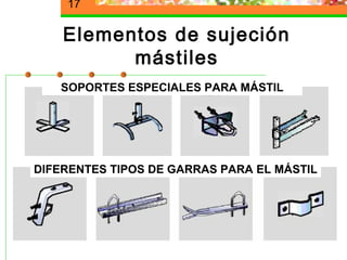 17

    Elementos de sujeción
          mástiles
   SOPORTES ESPECIALES PARA MÁSTIL




DIFERENTES TIPOS DE GARRAS PARA EL MÁSTIL
 