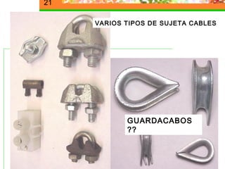 21

       VARIOS TIPOS DE SUJETA CABLES




              GUARDACABOS
              ??
Imágenes elementos de
      sujeción
 