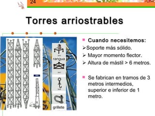 24


Torres arriostrables
                 Cuando necesitemos:
                Soporte más sólido.
                 Mayor momento flector.
     rangua
                 Altura de mástil > 6 metros.

                   Se fabrican en tramos de 3
                    metros intermedios,
                    superior e inferior de 1
                    metro.

     grillete
 