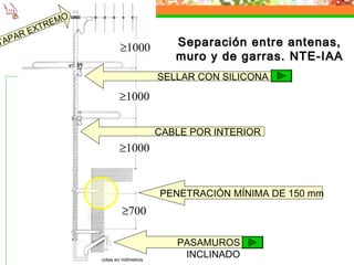 7
                O
             REM
       R EXT
   A
TAP                                Separación entre antenas,
                        ≥1000
                                   muro y de garras. NTE-IAA
                                SELLAR CON SILICONA

                        ≥1000

                                CABLE POR INTERIOR
                        ≥1000


                                PENETRACIÓN MÍNIMA DE 150 mm
                        ≥700

                                   PASAMUROS
                                    INCLINADO
 