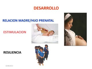 DESARROLLO
RELACION MADRE/HIJO PRENATAL
ESTIMULACION
RESILIENCIA
20/08/2013
 