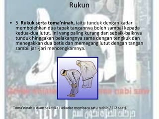 Rukun

• 5. Rukuk serta toma’ninah, iaitu tunduk dengan kadar
  membolehkan dua tapak tangannya boleh sampai kepada
  kedua-dua lutut. Ini yang paling kurang dan sebaik-baiknya
  tunduk hinggakan belakangnya sama dengan tengkuk dan
  menegakkan dua betis dan memegang lutut dengan tangan
  sambil jari-jari mencengkamnya.




 Toma’ninah = diam seketika (sekadar membaca satu tasbih / 1-2 saat).
 