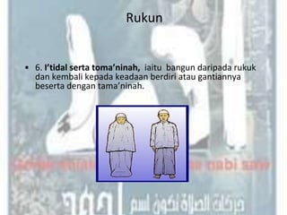 Rukun


• 6. I’tidal serta toma’ninah, iaitu bangun daripada rukuk
  dan kembali kepada keadaan berdiri atau gantiannya
  beserta dengan tama’ninah.
 