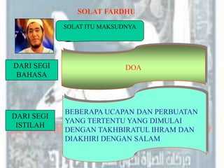 SOLAT FARDHU
            SOLAT ITU MAKSUDNYA




DARI SEGI                   DOA
 BAHASA



            BEBERAPA UCAPAN DAN PERBUATAN
DARI SEGI
            YANG TERTENTU YANG DIMULAI
 ISTILAH
            DENGAN TAKHBIRATUL IHRAM DAN
            DIAKHIRI DENGAN SALAM
 