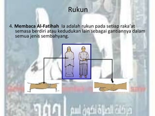 Rukun

4. Membaca Al-Fatihah. Ia adalah rukun pada setiap raka‘at
   semasa berdiri atau kedudukan lain sebagai gantiannya dalam
   semua jenis sembahyang.
 