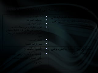 ‫إلى‬ ‫التمريضية‬ ‫التدخالت‬ ‫تصنف‬
6
‫و‬ ‫مجاالت‬
26
‫نوعا‬

:‫السلوكية‬ ‫المعالجة‬

:‫المعرفية‬ ‫المعالجة‬

:‫التواصل‬ ‫تعزيز‬

‫تساعد‬ ‫تدخالت‬ ‫وهي‬ :‫التكيف‬ ‫تعزيز‬
‫ليستطيع‬ ‫الذاتية‬ ‫قواه‬ ‫تطوير‬ ‫على‬ ‫المريض‬
‫يعاني‬ ‫التي‬ ‫الوظيفية‬ ‫التغيرات‬ ‫مع‬ ‫التعامل‬
.‫منها‬

:‫المريض‬ ‫تثقيف‬

‫•نفسية‬‫ل‬‫ا‬ ‫الراحة‬ ‫حفز‬
:
‫الثالث‬ ‫المجال‬
‫التي‬ ‫السلوكية‬ ‫العناية‬ :
‫تغيير‬ ‫وتسهل‬ ‫النفسية‬ ‫الوظائف‬ ‫تدعم‬
‫الحياة‬ ‫نمط‬
.

:‫بالحمل‬ ‫العناية‬

‫التدخالت‬ ‫وهي‬ :‫باألسرة‬ ‫العناية‬
‫بوظائف‬ ‫القيام‬ ‫تسهل‬ ‫التي‬
‫األسرة‬
.
‫الرابع‬ ‫المجال‬
‫وهي‬ ‫باألسرة‬ ‫العناية‬ :
‫األسرة‬ ‫وحدة‬ ‫تدعم‬
.
 