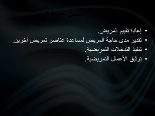 •
.‫المريض‬ ‫تقييم‬ ‫إعادة‬
•
.‫آخرين‬ ‫تمريض‬ ‫عناصر‬ ‫لمساعدة‬ ‫المريض‬ ‫حاجة‬ ‫مدى‬ ‫تقدير‬
•
.‫التمريضية‬ ‫التدخالت‬ ‫تنفيذ‬
•
.‫التمريضية‬ ‫األعمال‬ ‫توثيق‬
‫التنفيذ‬ ‫عملية‬ ‫تتضمن‬ :‫التنفيذ‬ ‫عملية‬
 