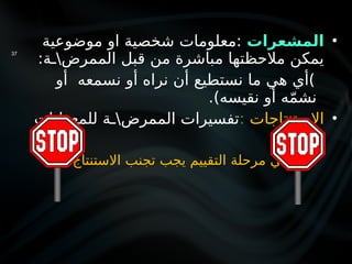•
‫المشعرات‬
‫موضوعية‬ ‫او‬ ‫شخصية‬ ‫معلومات‬:
:‫الممرضـة‬ ‫قبل‬ ‫من‬ ‫مباشرة‬ ‫مالحظتها‬ ‫يمكن‬
‫أو‬ ‫نسمعه‬ ‫أو‬ ‫نراه‬ ‫أن‬ ‫نستطيع‬ ‫ما‬ ‫هي‬ ‫)أي‬
.)‫نقيسه‬ ‫أو‬ ‫ه‬ّ‫م‬‫نش‬
•
‫االستنتاجات‬
:
‫للمعطيات‬ ‫الممرضـة‬ ‫تفسيرات‬
‫االستنتاج‬ ‫تجنب‬ ‫يجب‬ ‫التقييم‬ ‫مرحلة‬ ‫في‬
37
 