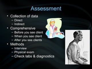 Assessment
• Collection of data
– Direct
– Indirect
• Comprehensive
– Before you see client
– When you see client
– After you see clients
• Methods
– Interview
– Physical exam
– Check labs & diagnostics
 