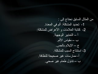 : ‫إلى‬ ‫نحتاج‬ ‫السابق‬ ‫المثال‬ ‫من‬
1
.‫المعدة‬ ‫في‬ ‫ألم‬ :‫المشكلة‬ ‫تحديد‬ -
2
:‫للمشكلة‬ ‫األعراض‬ ‫و‬ ‫العالمات‬ ‫كتابة‬ -
.‫الوجهية‬ ‫التعابير‬ – ‫أ‬
.‫األلم‬ ‫مقياس‬ – ‫ب‬
.‫بالجس‬ ‫اإليالم‬ – ‫ج‬
3
.‫للمشكلة‬ ‫السبب‬ ‫استنتاج‬ -
.‫للنظافة‬ ‫صحيحة‬ ‫غير‬ ‫ممارسات‬ -‫أ‬
.‫صحي‬ ‫غير‬ ‫طعام‬ ‫تناول‬ – ‫ب‬
 