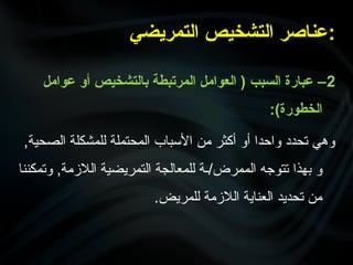 2
‫عوامل‬ ‫أو‬ ‫بالتشخيص‬ ‫المرتبطة‬ ‫العوامل‬ ( ‫السبب‬ ‫عبارة‬ –
:)‫الخطورة‬
,‫الصحية‬ ‫للمشكلة‬ ‫المحتملة‬ ‫األسباب‬ ‫من‬ ‫أكثر‬ ‫أو‬ ‫واحدا‬ ‫تحدد‬ ‫وهي‬
‫الممرض‬ ‫تتوجه‬ ‫بهذا‬ ‫و‬
‫ـ‬/
,‫الالزمة‬ ‫التمريضية‬ ‫للمعالجة‬ ‫ة‬
‫وتمكن‬
‫ن‬
‫ا‬
.‫للمريض‬ ‫الالزمة‬ ‫العناية‬ ‫تحديد‬ ‫من‬
‫التمريضي‬ ‫التشخيص‬ ‫عناصر‬:
 