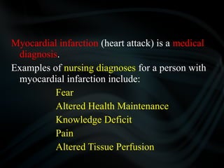 Myocardial infarction (heart attack) is a medical
diagnosis.
Examples of nursing diagnoses for a person with
myocardial infarction include:
Fear
Altered Health Maintenance
Knowledge Deficit
Pain
Altered Tissue Perfusion
 